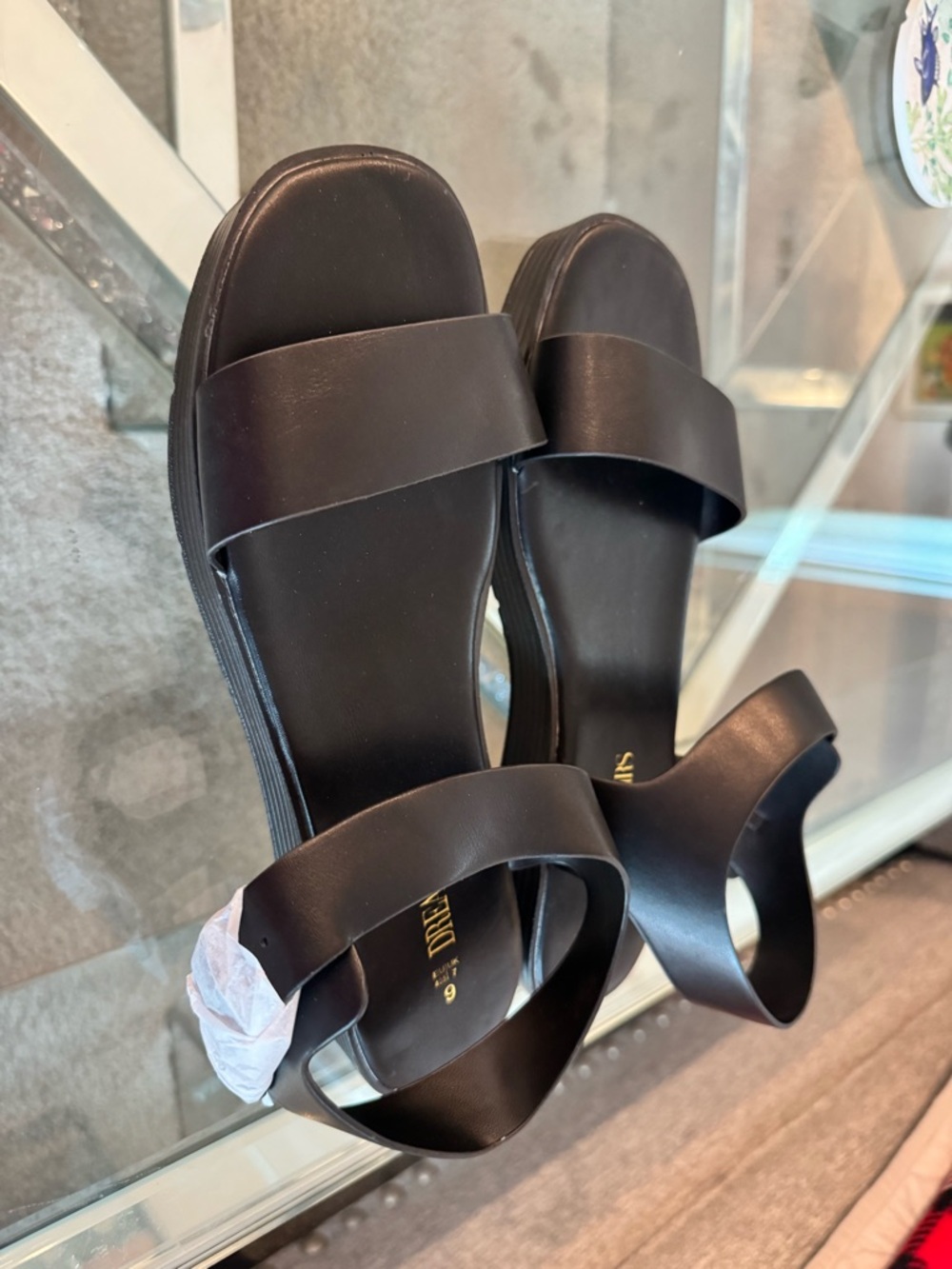 New Black Women's Two-Strap Flat Sandals - Picture 2 of 5